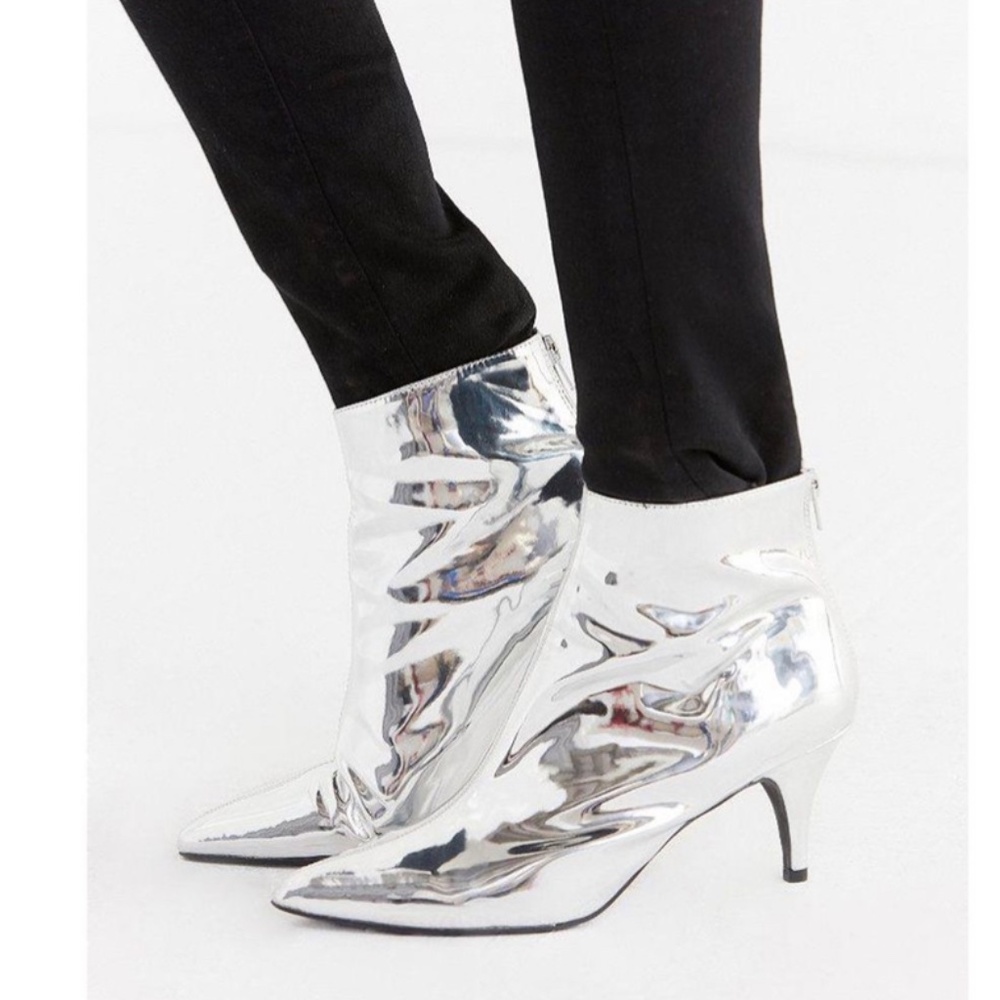 UO Remi Metallic Silver Mirror Kitten Heel Ankle Boot